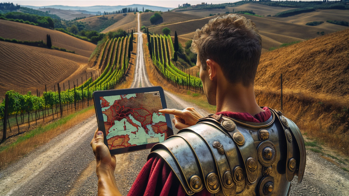 a Roman soldier standing on a road, navigating the road network using an iPad
